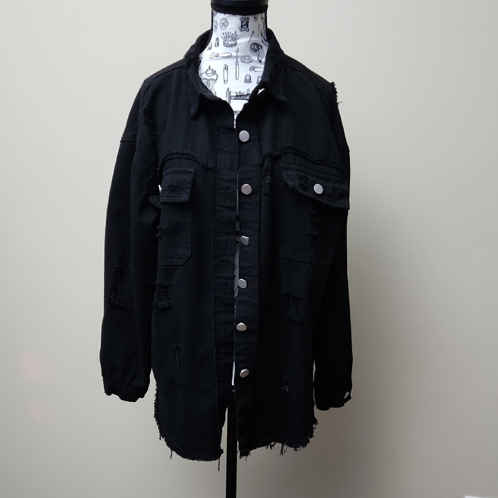 Black Distressed Denim Button Down Women's Medium Trendy Casual Jacket - Picture 5 of 16